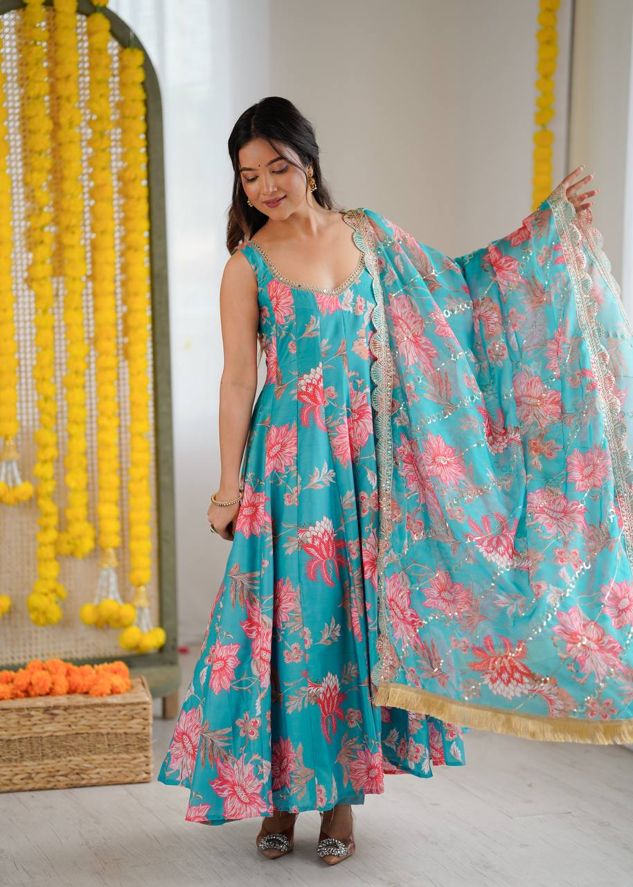 Pure Muslin Salwar Kameez with Floral Print and Organza Dupatta for Festivals