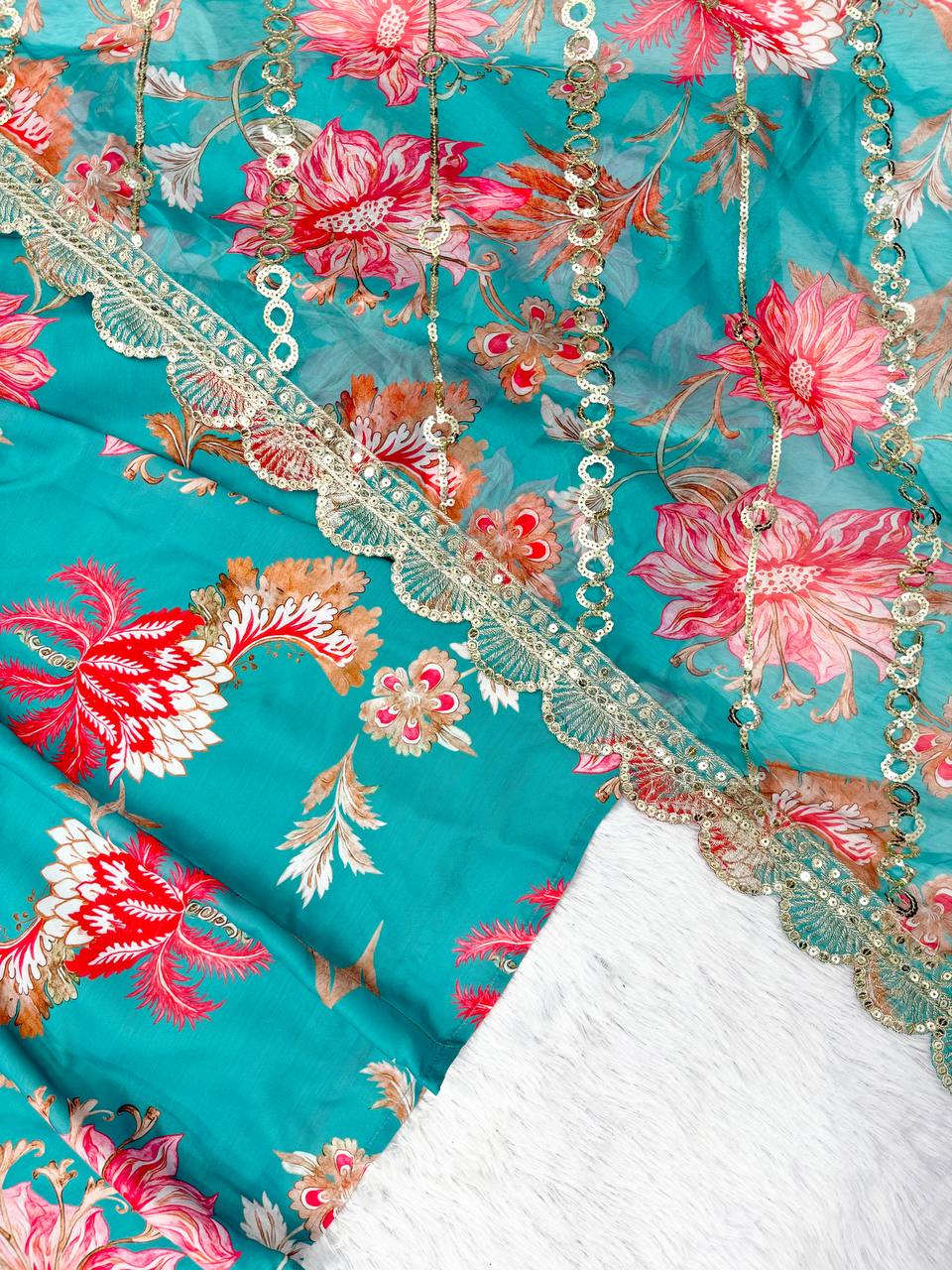 Pure Muslin Salwar Kameez with Floral Print and Organza Dupatta for Festivals