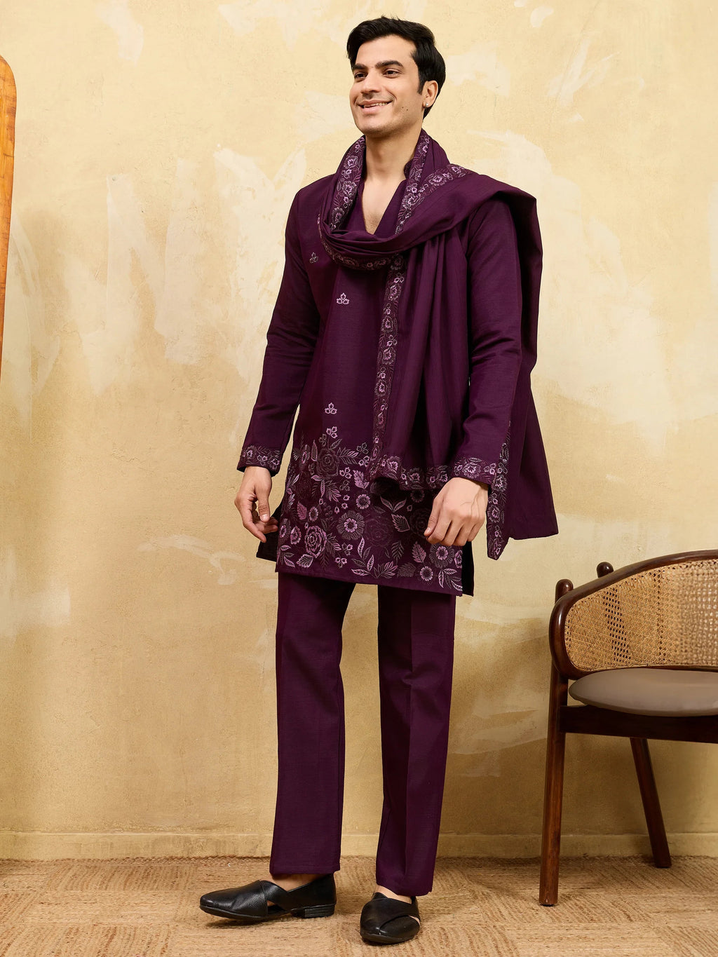 Dazzling Maroon Thread Work Viscose Eid Special Men's Kurta With Dupatta