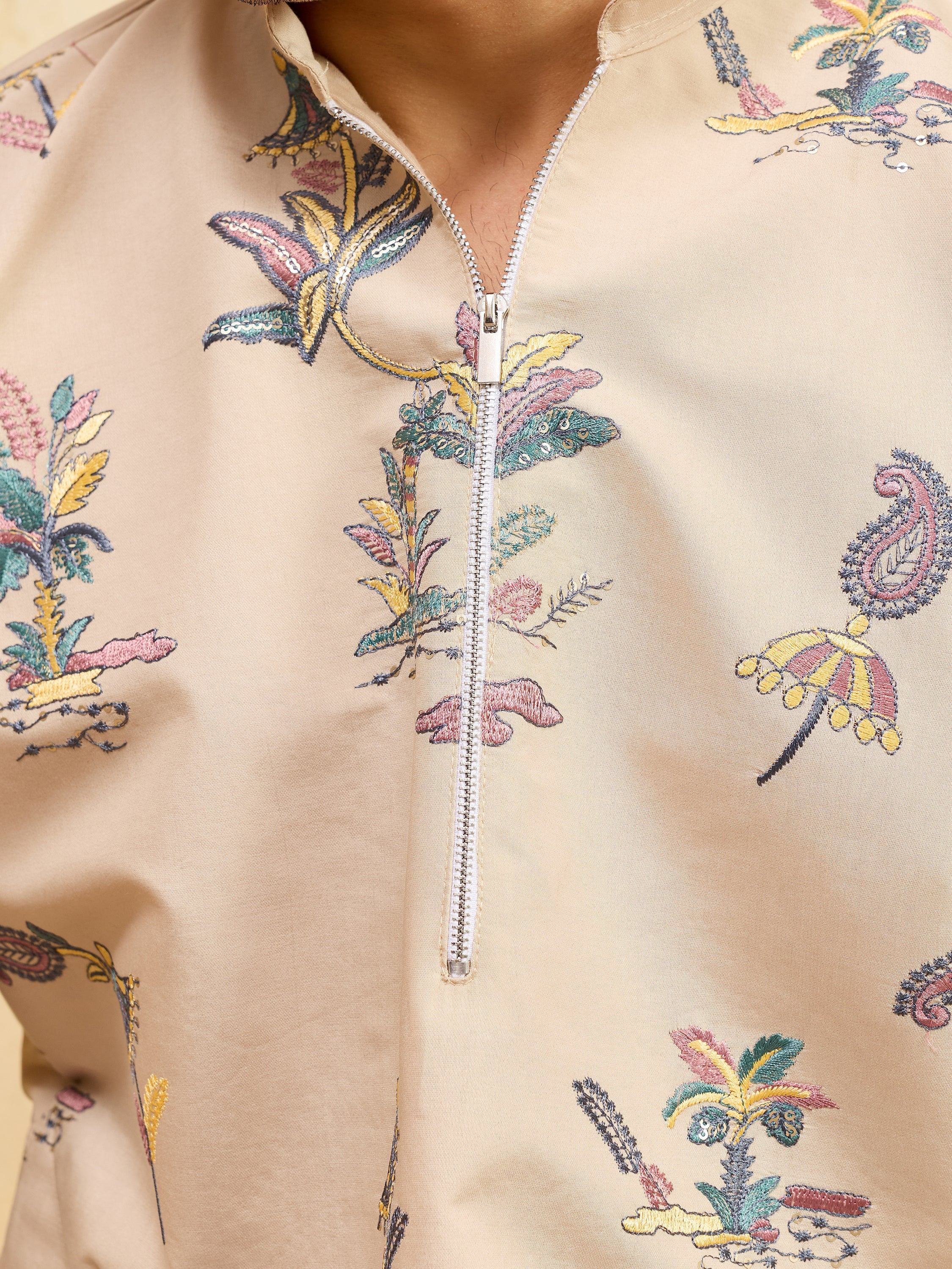 Elegant Beige Thread Embroidered Viscose Silk Eid Special Men's Kurta