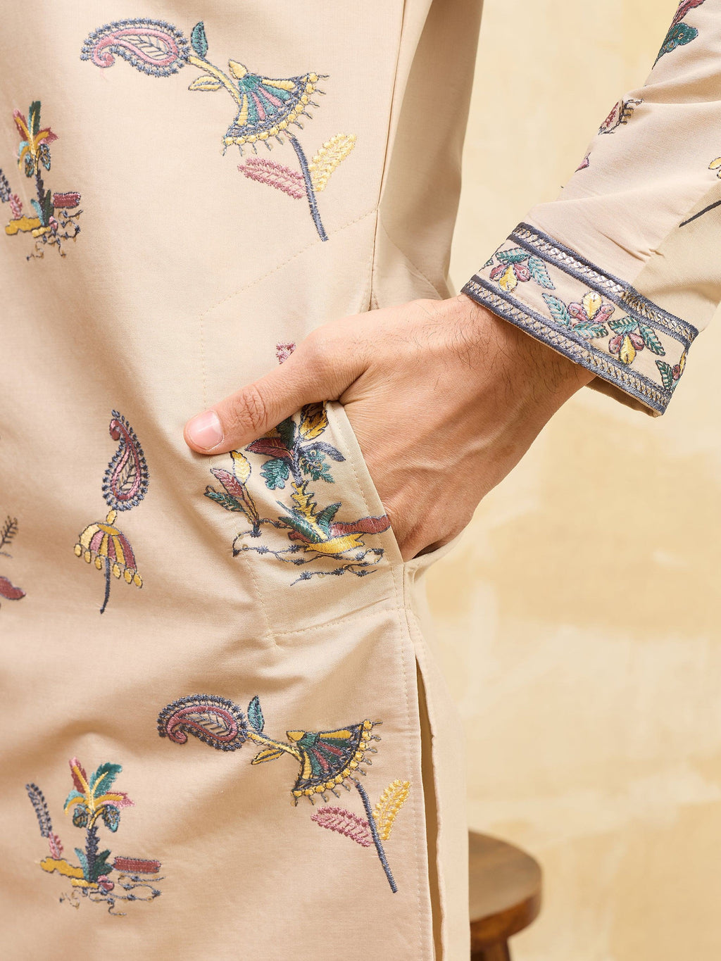Elegant Beige Thread Embroidered Viscose Silk Eid Special Men's Kurta
