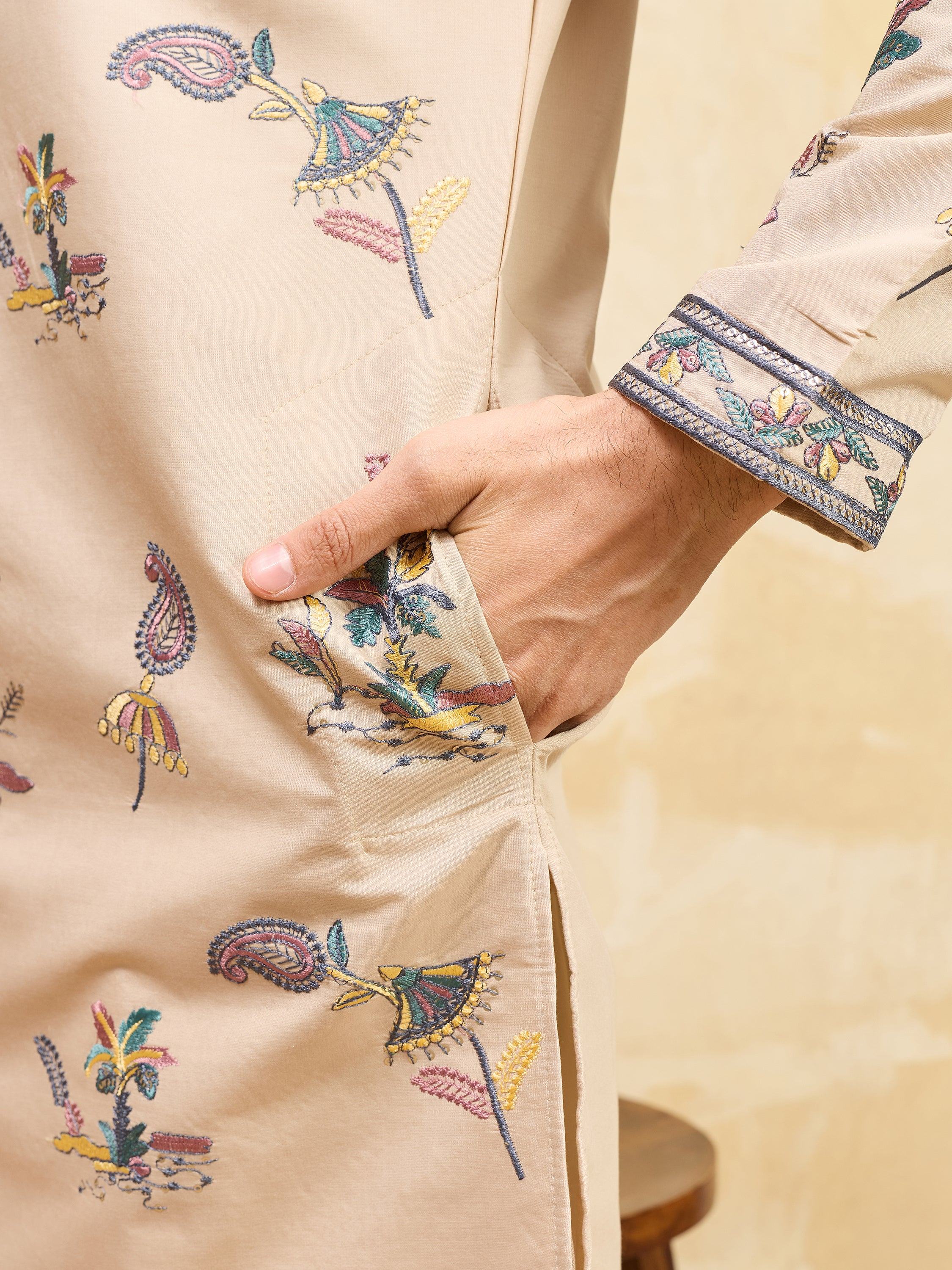 Elegant Beige Thread Embroidered Viscose Silk Eid Special Men's Kurta