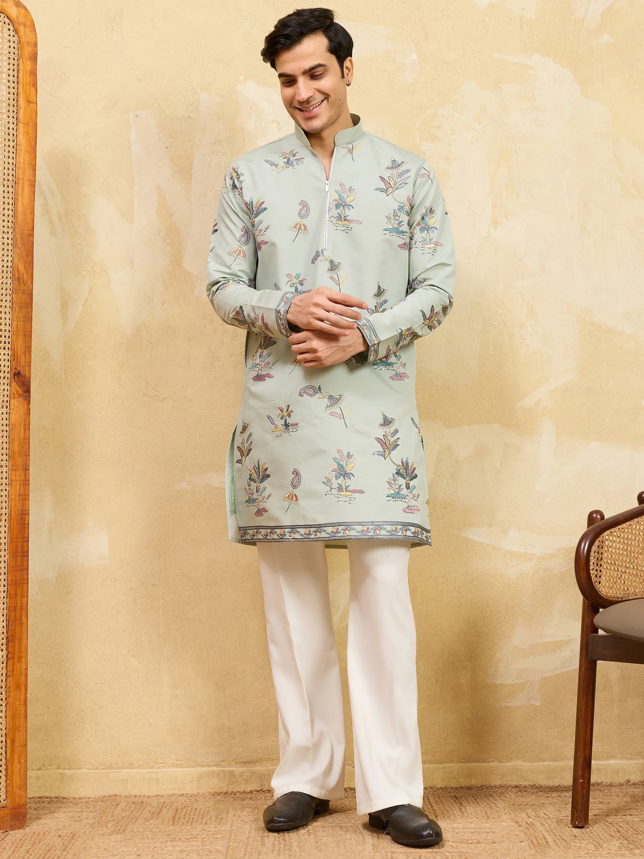 Astonishing Pista Green Thread Work Silk Engagement Wear Men's Kurta
