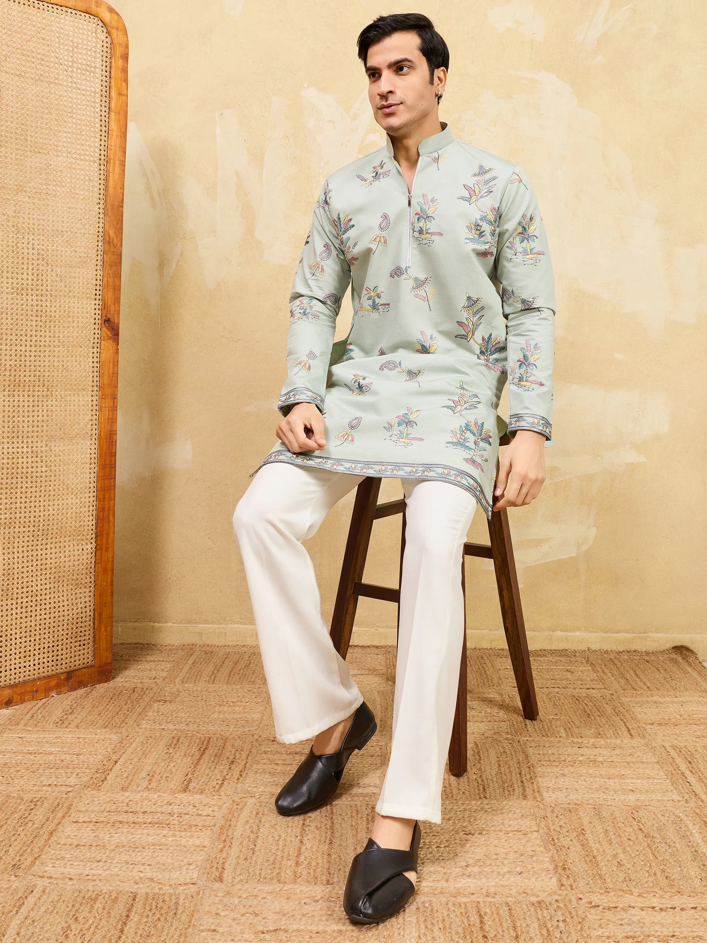 Astonishing Pista Green Thread Work Silk Engagement Wear Men's Kurta