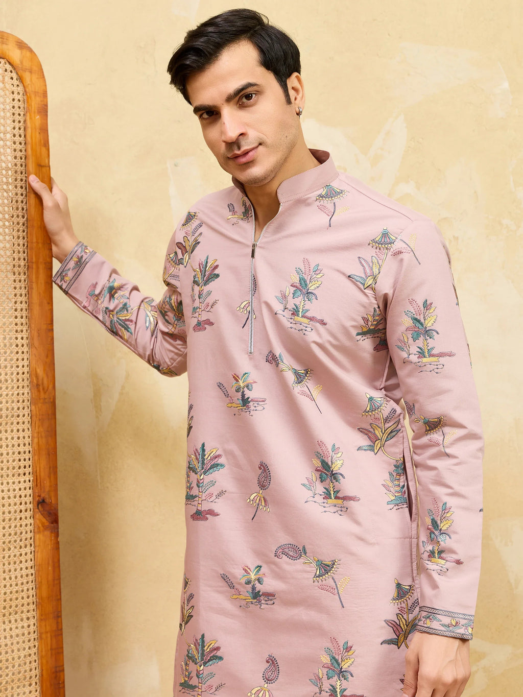 Superb Pink Thread Work Viscose Silk Eid Special Men's Kurta