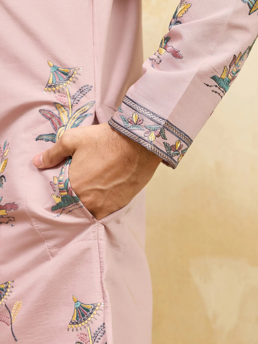 Superb Pink Thread Work Viscose Silk Eid Special Men's Kurta