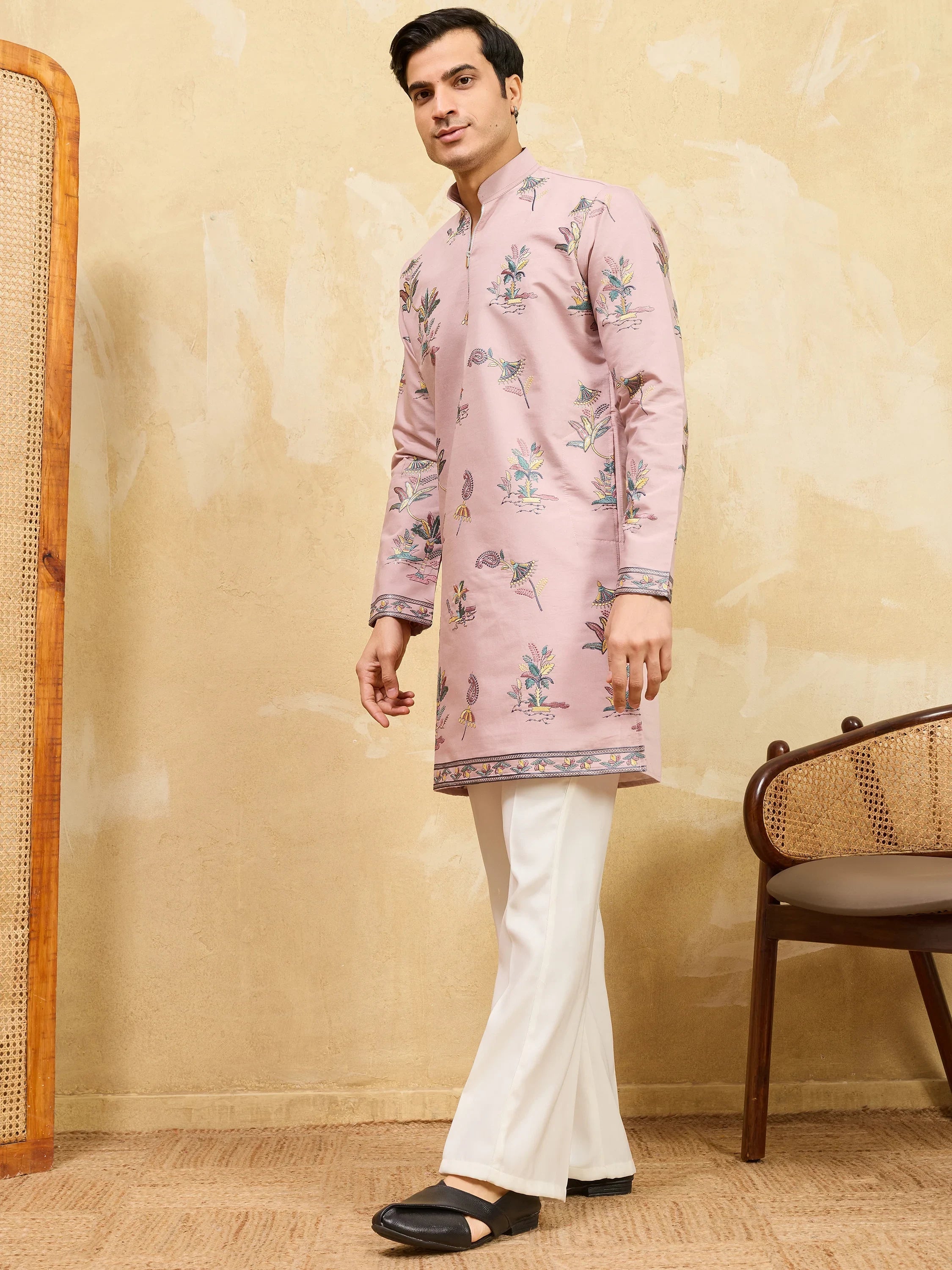 Superb Pink Thread Work Viscose Silk Eid Special Men's Kurta