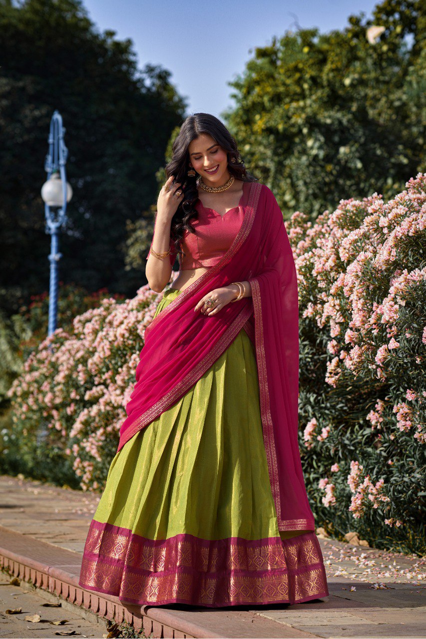 Parrot Green Kanchipuram Silk Zari Weaving Lehenga Choli