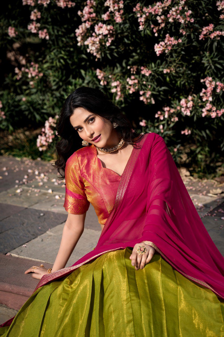 Parrot Green Kanchipuram Silk Zari Weaving Lehenga Choli