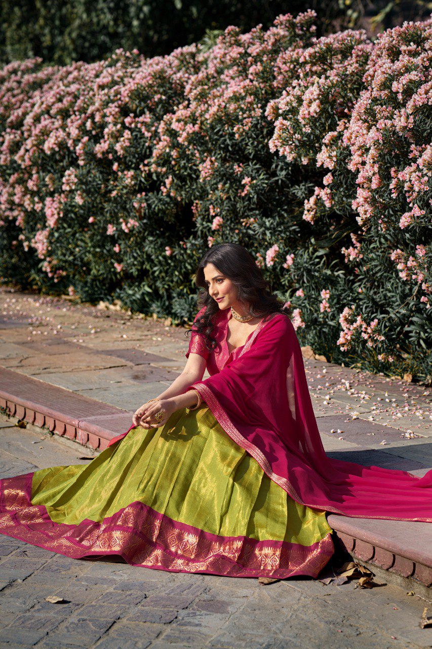 Parrot Green Kanchipuram Silk Zari Weaving Lehenga Choli