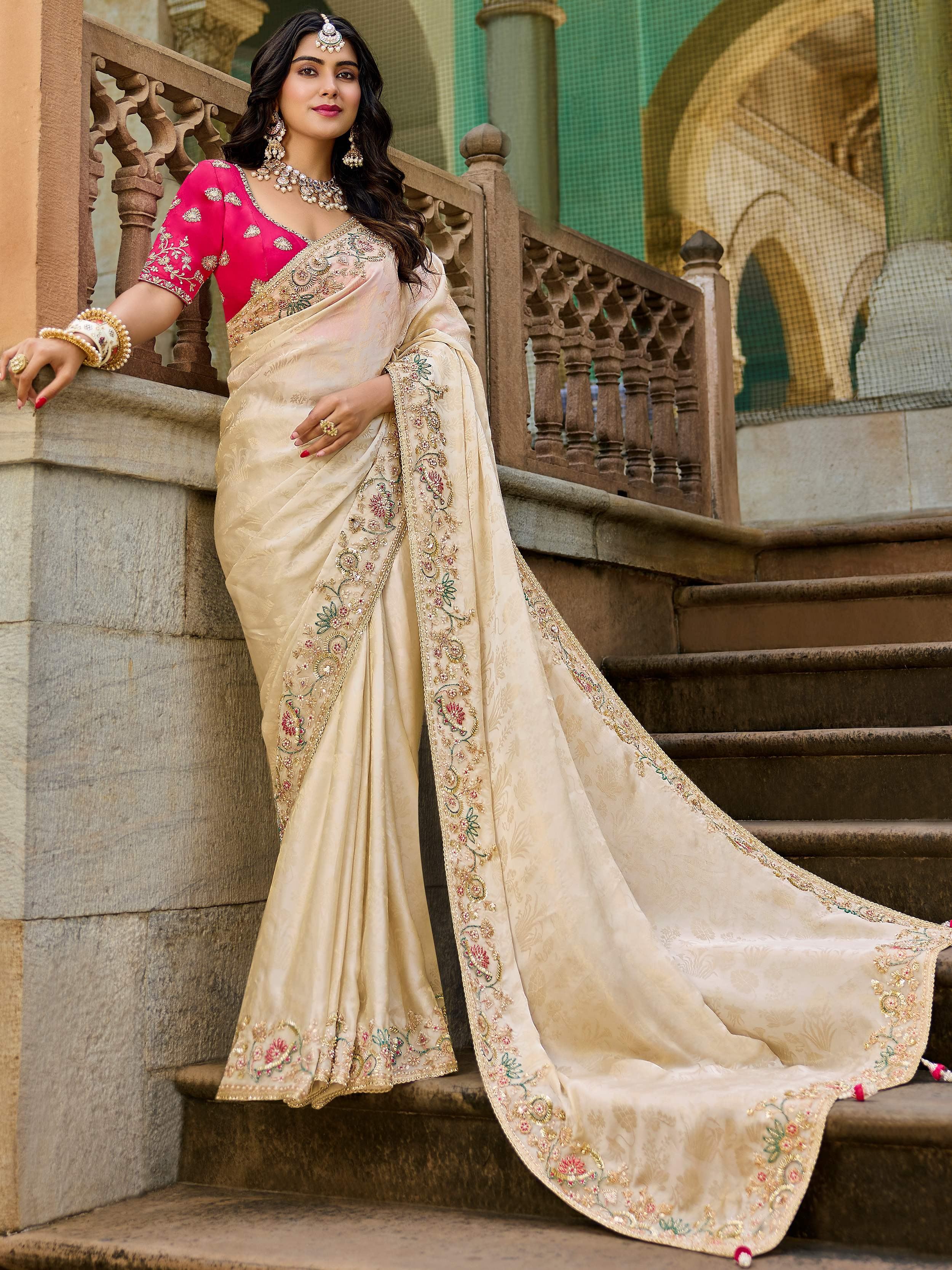 Outstanding Beige Embroidered Tissue Wedding Wear Saree With Blouse