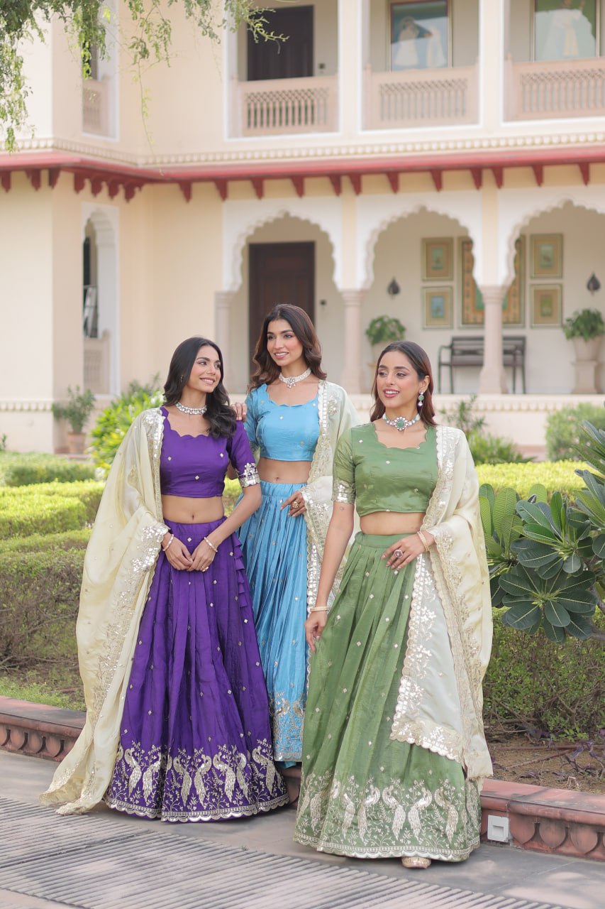 Zari Embroidered Crushed Lehenga for Wedding Wear