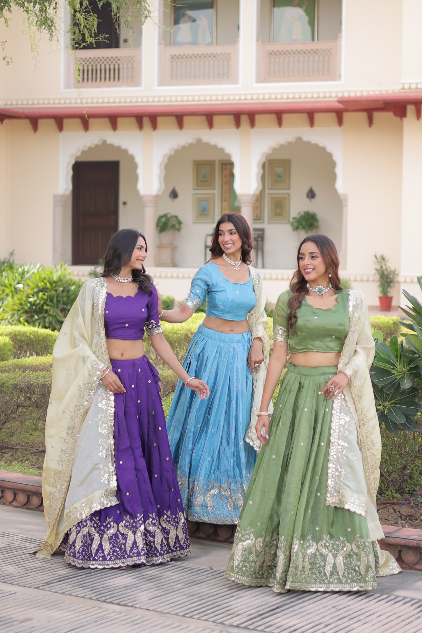 Zari Embroidered Crushed Lehenga for Wedding Wear