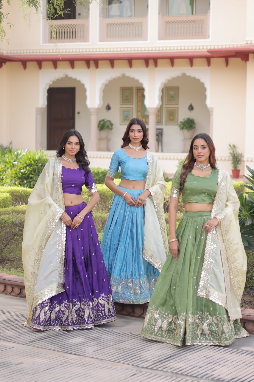 Zari Embroidered Crushed Lehenga for Wedding Wear