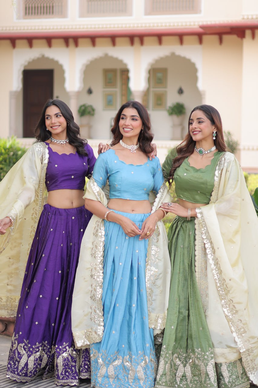 Zari Embroidered Crushed Lehenga for Wedding Wear