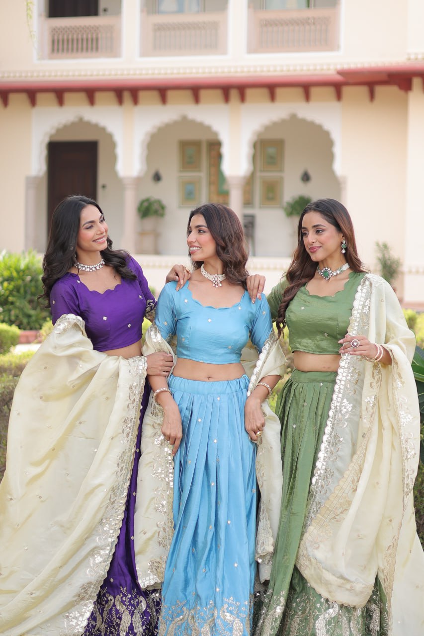 Zari Embroidered Crushed Lehenga for Wedding Wear
