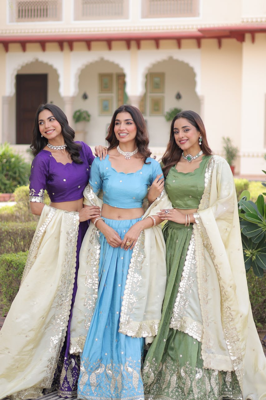 Zari Embroidered Crushed Lehenga for Wedding Wear