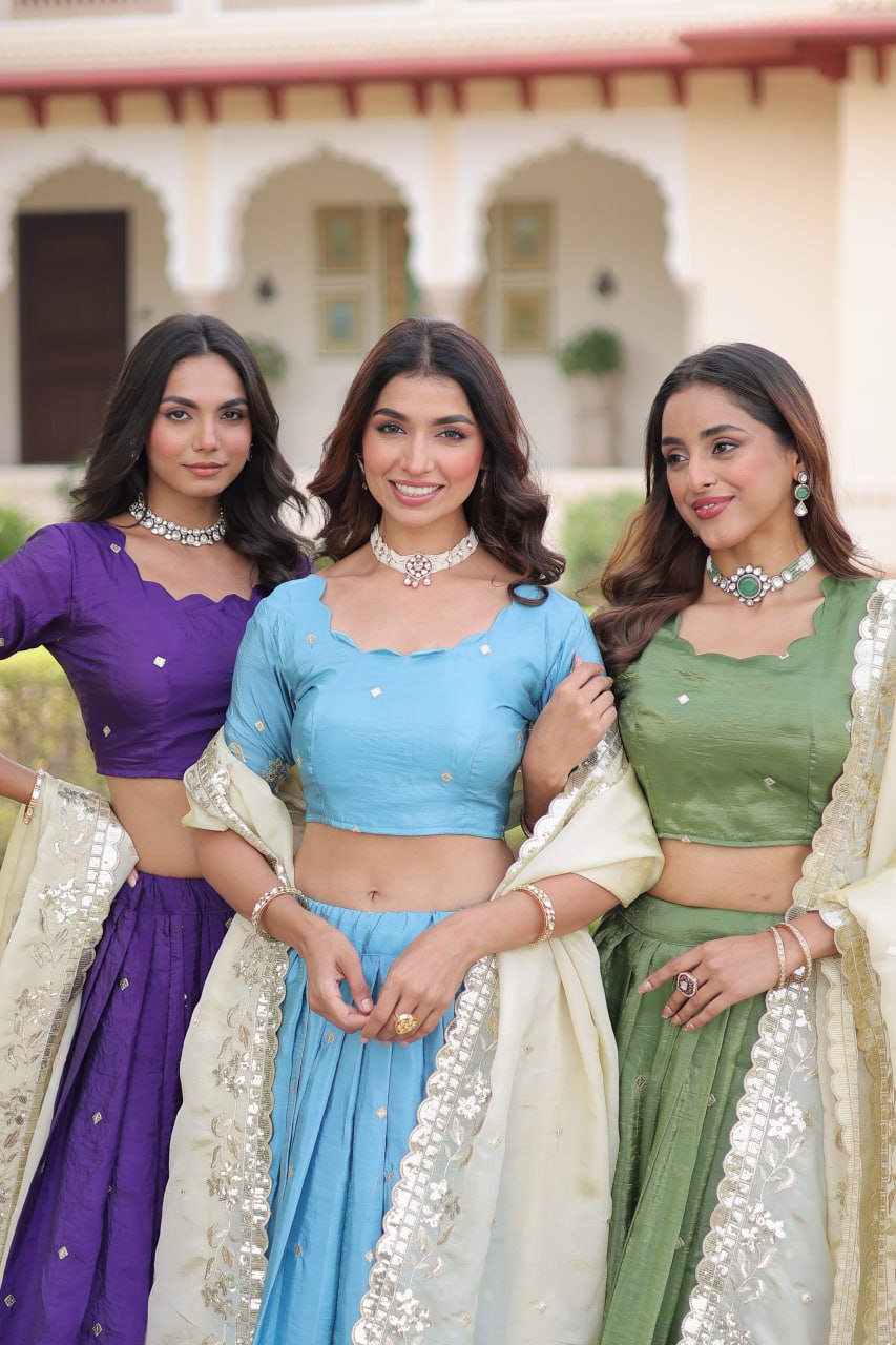 Zari Embroidered Crushed Lehenga for Wedding Wear