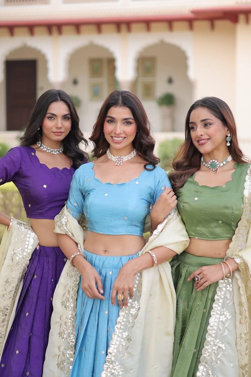 Zari Embroidered Crushed Lehenga for Wedding Wear