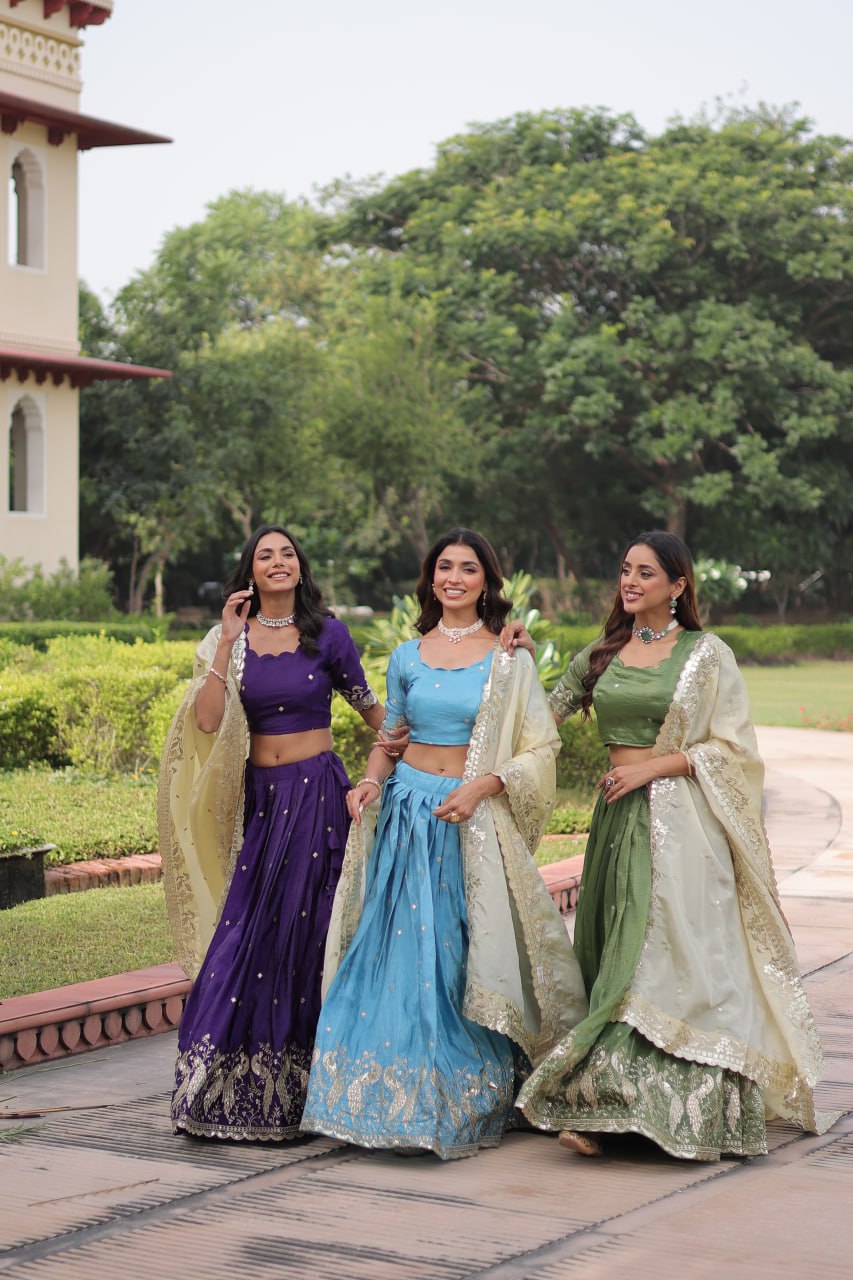 Zari Embroidered Crushed Lehenga for Wedding Wear