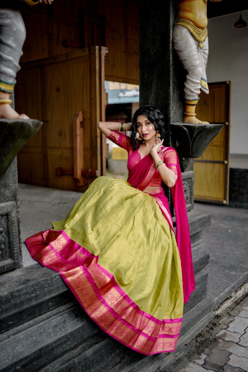 Parrot Green Kanchipuram Silk Zari Weaving Lehenga Choli