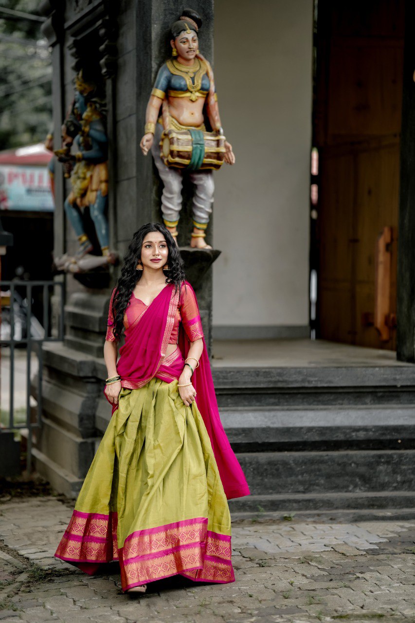 Parrot Green Kanchipuram Silk Zari Weaving Lehenga Choli