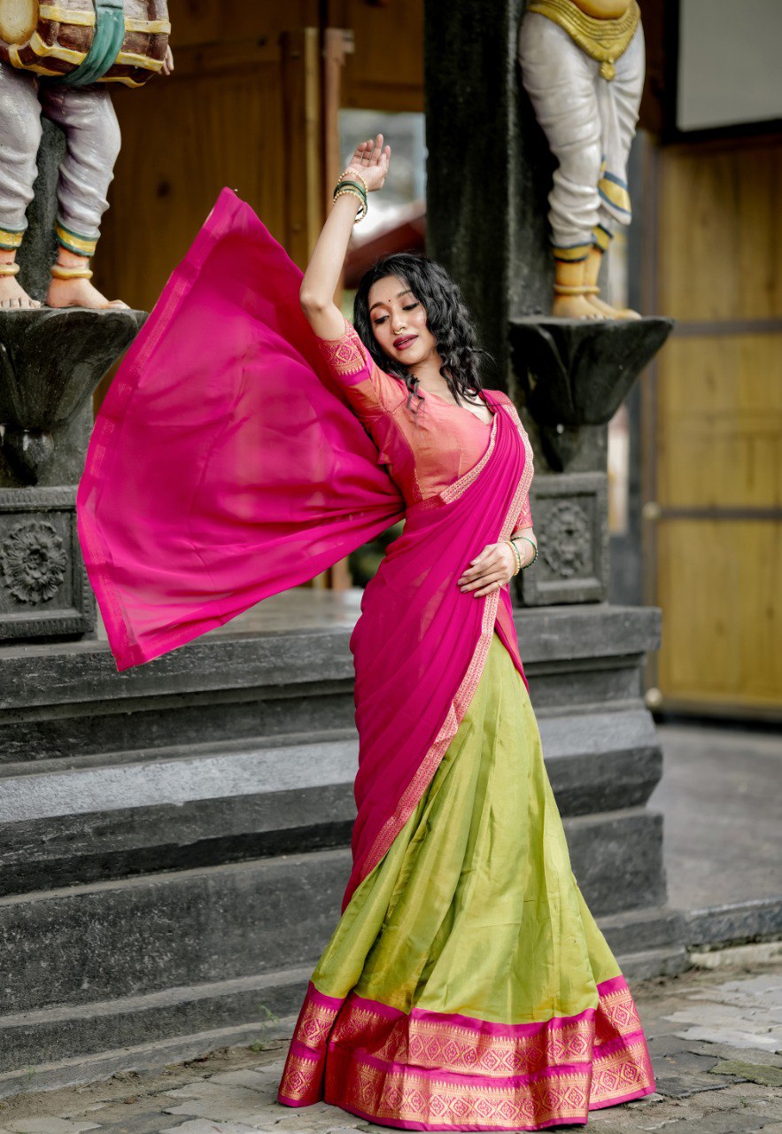 Parrot Green Kanchipuram Silk Zari Weaving Lehenga Choli