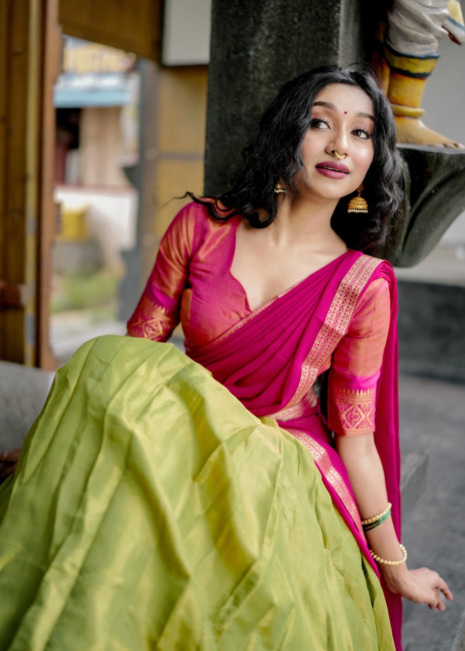 Parrot Green Kanchipuram Silk Zari Weaving Lehenga Choli