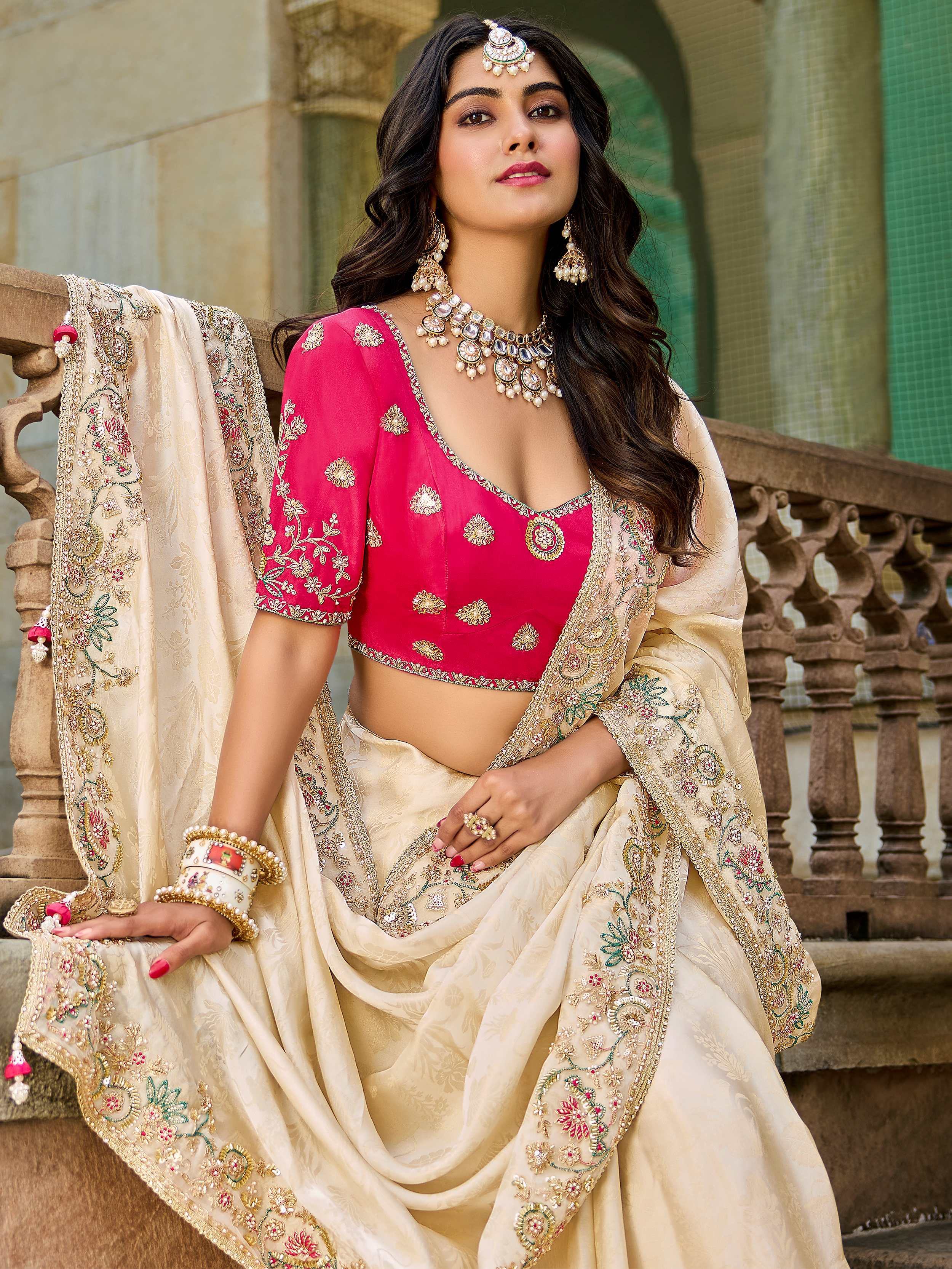 Outstanding Beige Embroidered Tissue Wedding Wear Saree With Blouse