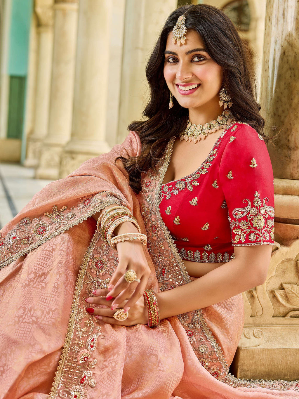 Enchanting Peach Embroidered Tissue Festival Wear Saree With Blouse