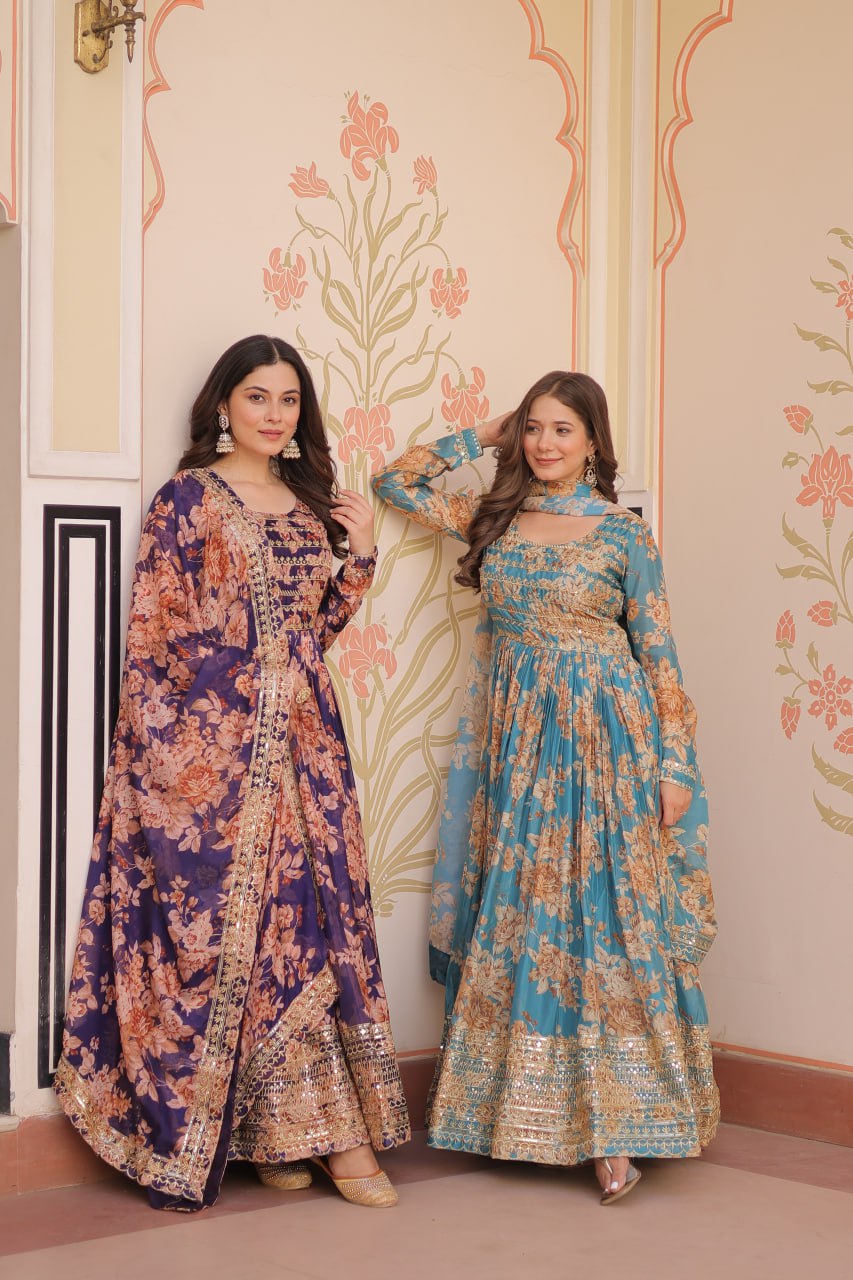 Silk Floral Printed Anarkali Gown for Festivities & Weddings