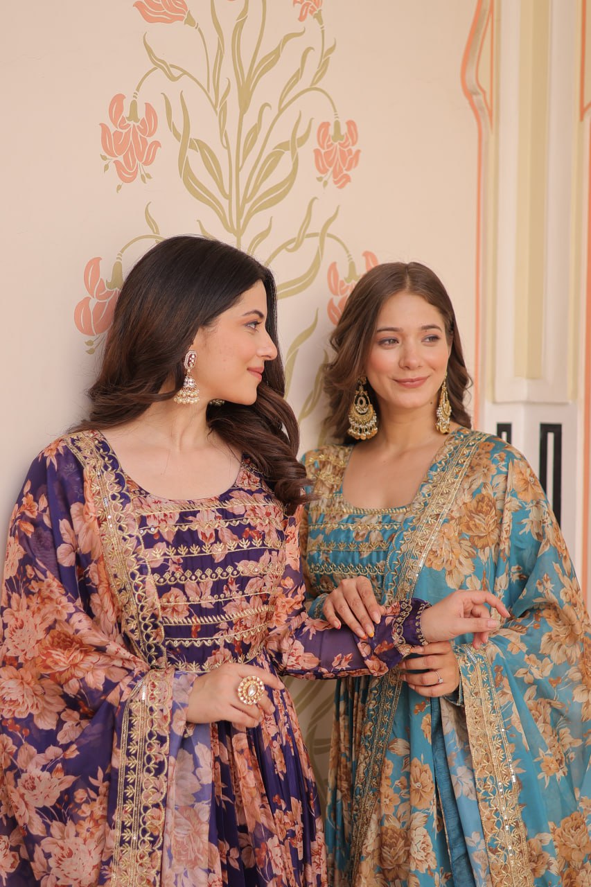 Silk Floral Printed Anarkali Gown for Festivities & Weddings