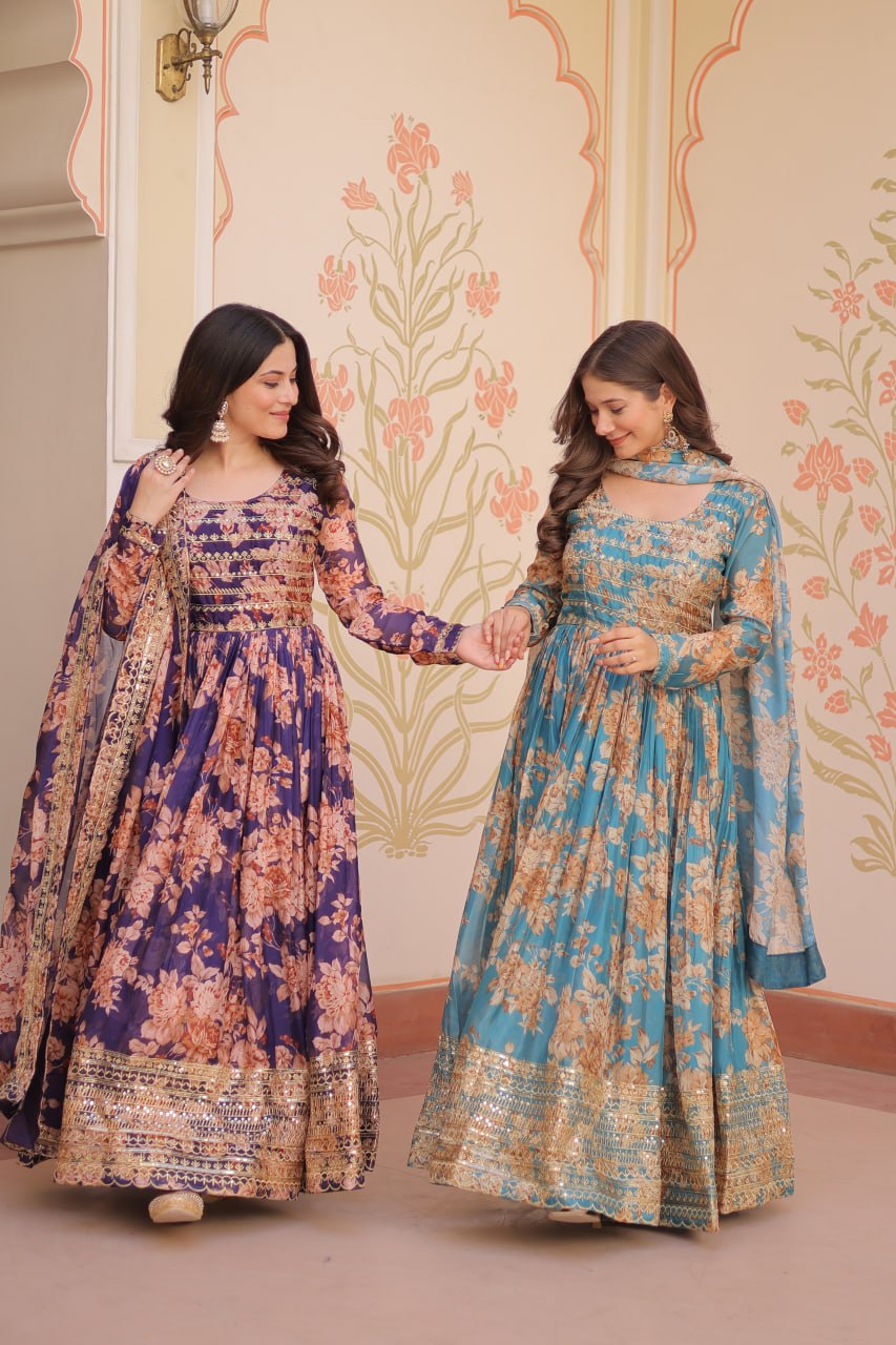 Silk Floral Printed Anarkali Gown for Festivities & Weddings