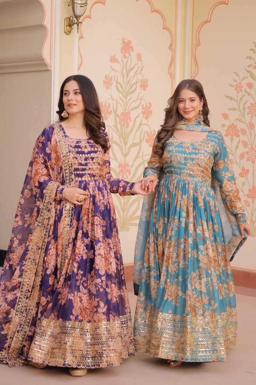 Silk Floral Printed Anarkali Gown for Festivities & Weddings