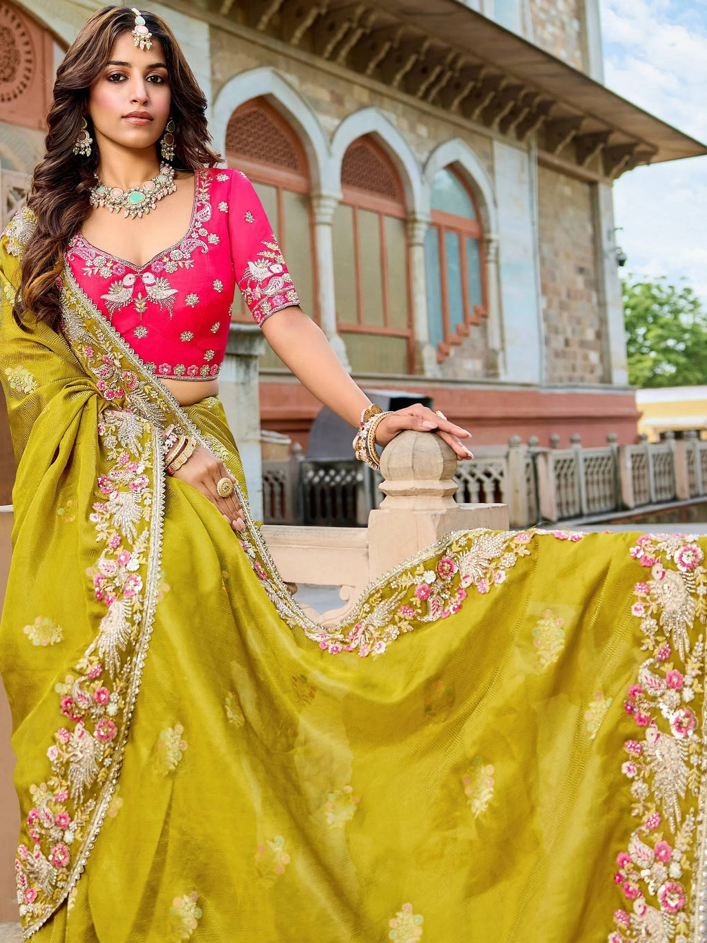 Precious Green Embroidered Tissue Function Wear Saree With Blouse