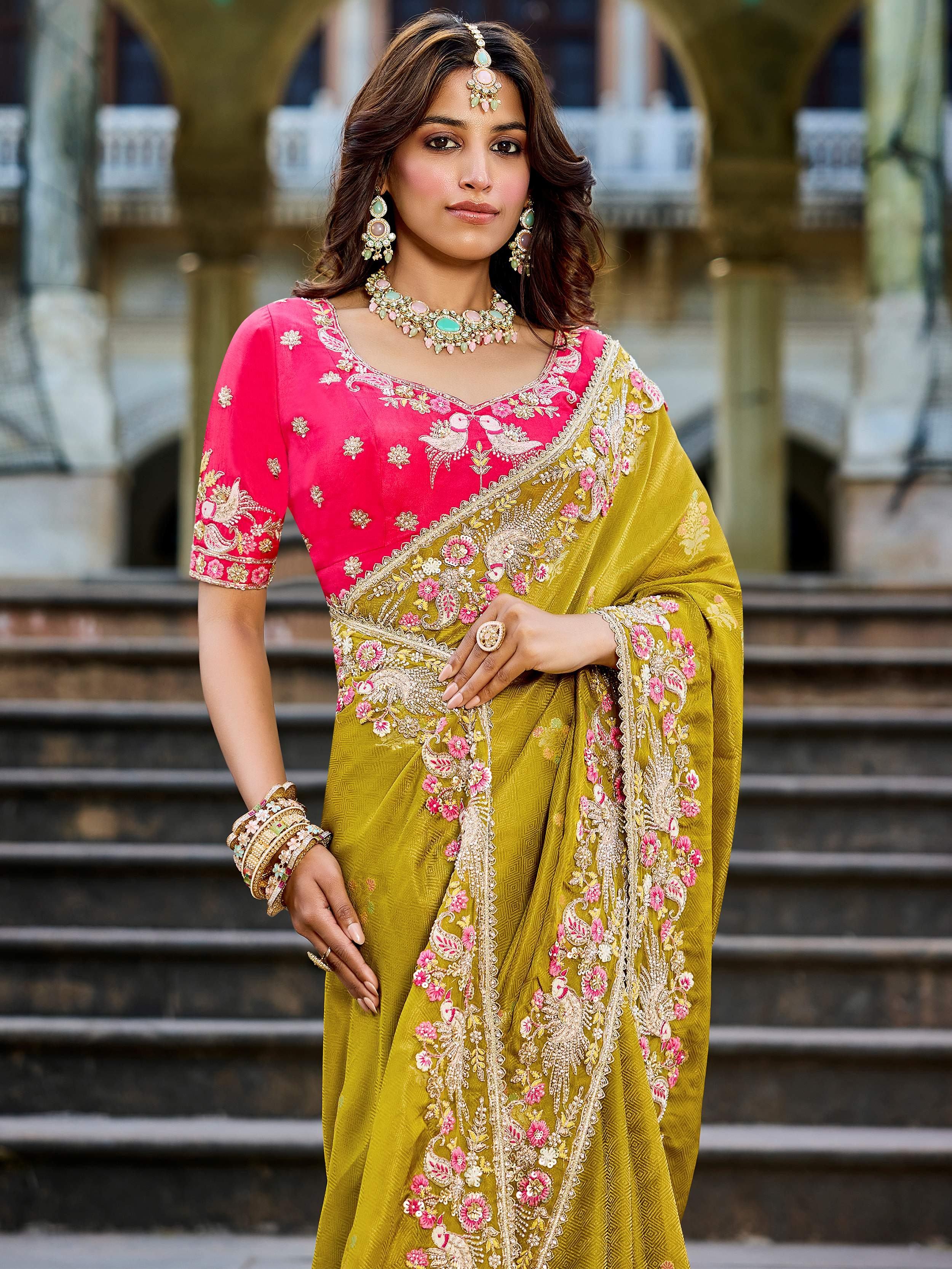 Precious Green Embroidered Tissue Function Wear Saree With Blouse