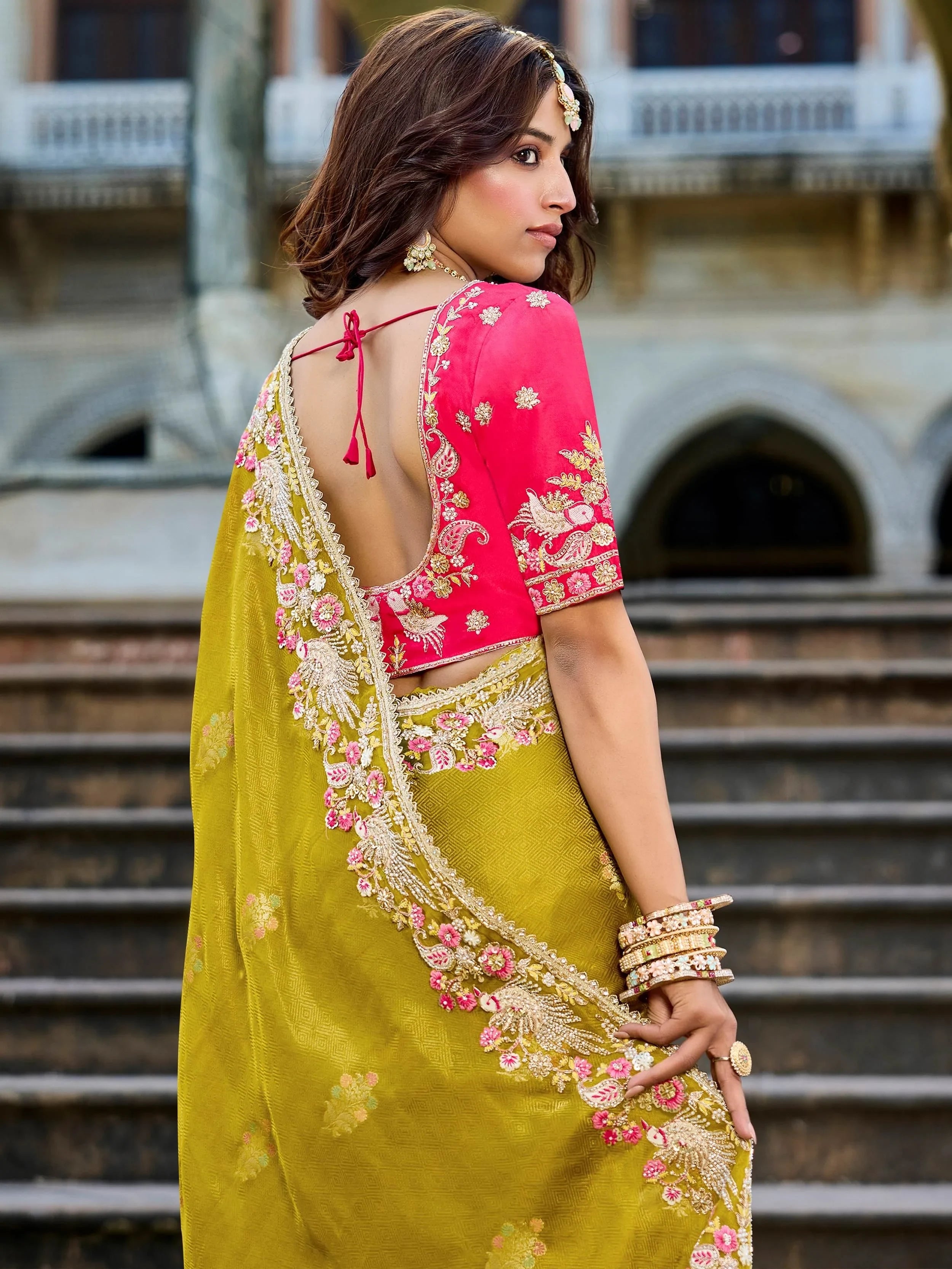 Precious Green Embroidered Tissue Function Wear Saree With Blouse