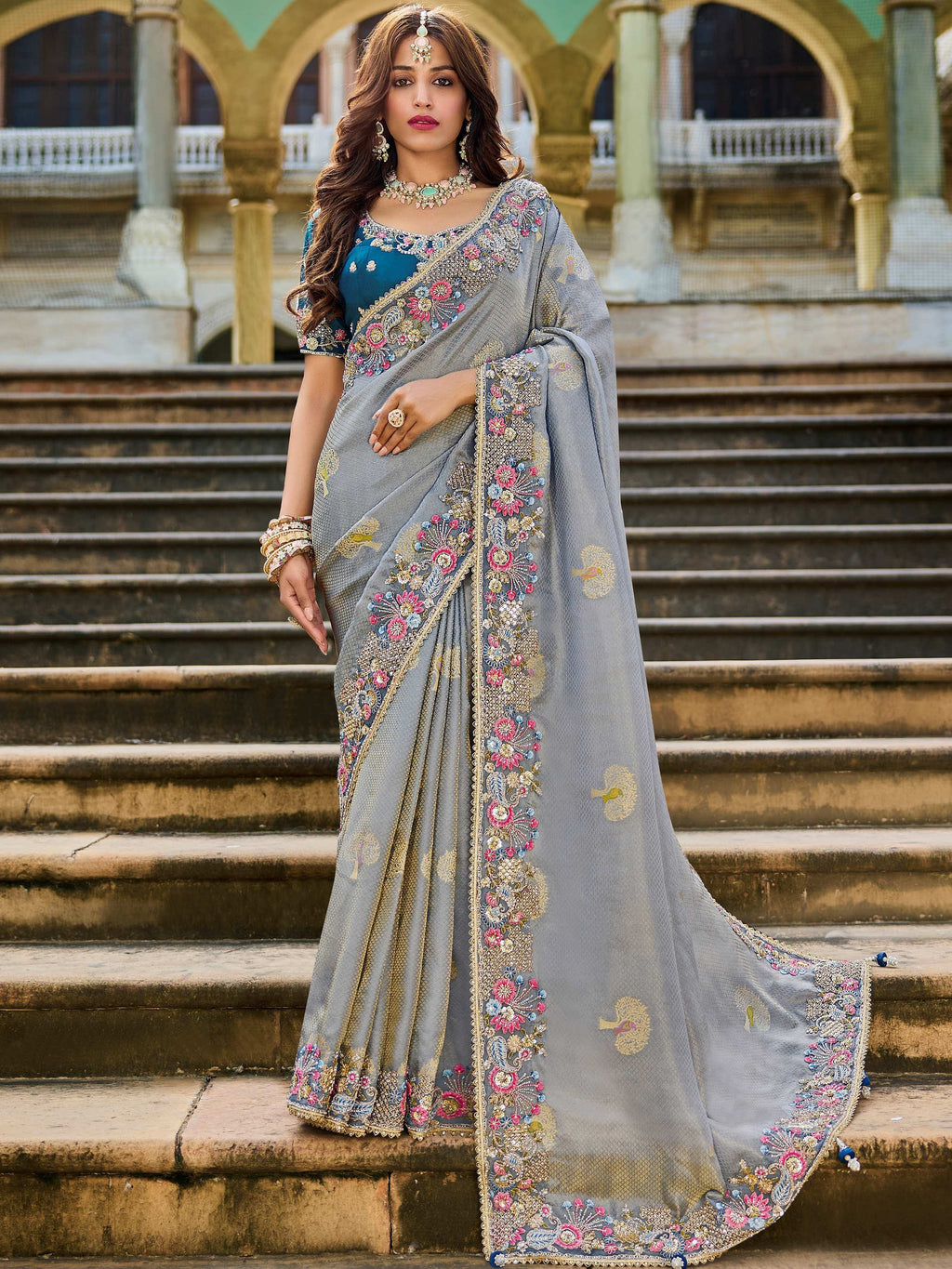 Amazing Grey Embroidered Tissue Wedding Wear Saree With Blouse