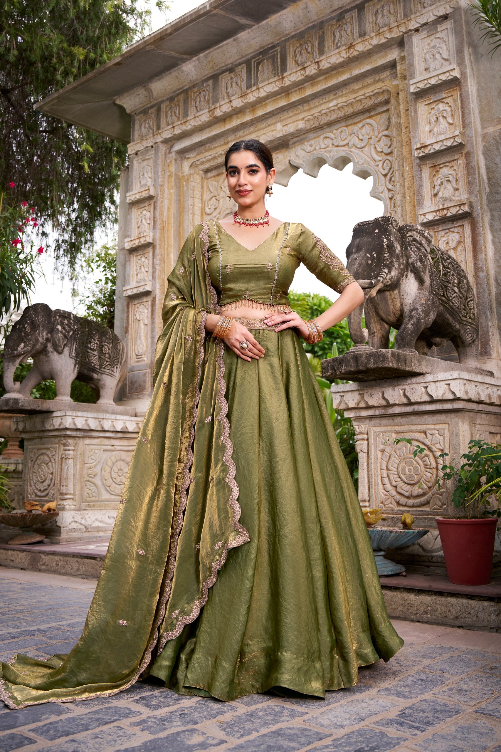 Organza Lehenga Choli with Sequins & Thread Embroidery for Parties