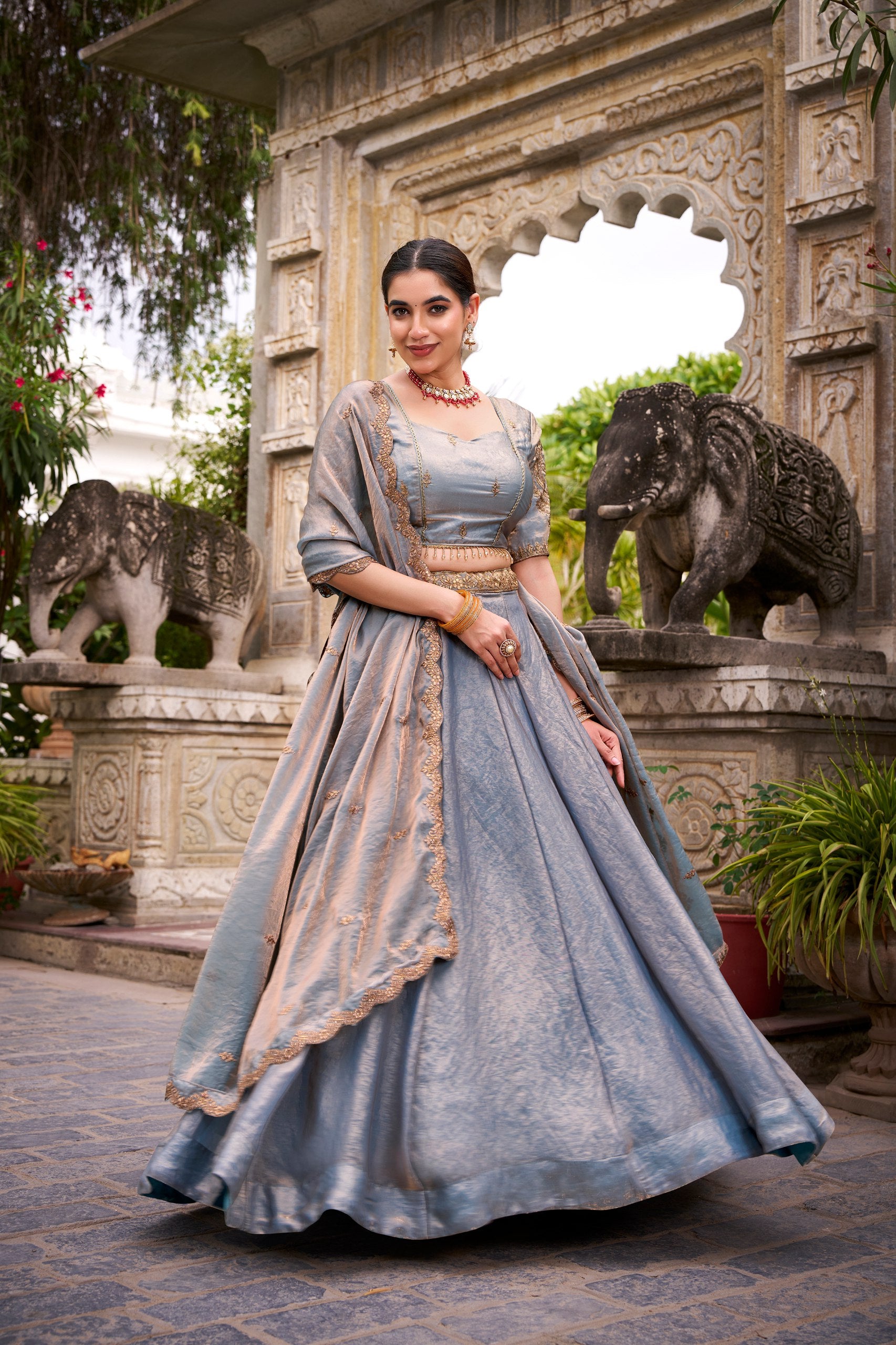 Organza Lehenga Choli with Sequins & Thread Embroidery for Parties