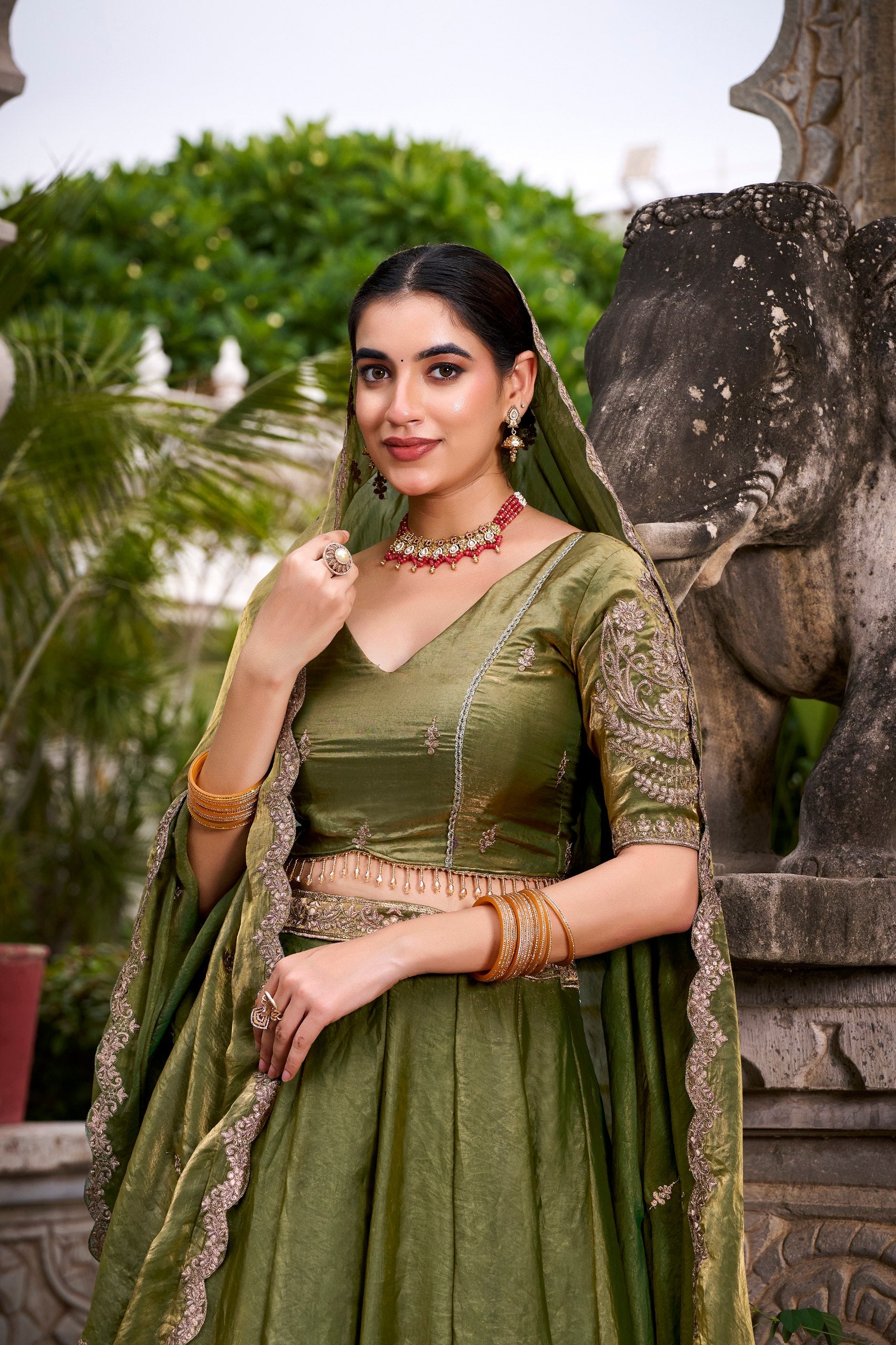 Organza Lehenga Choli with Sequins & Thread Embroidery for Parties