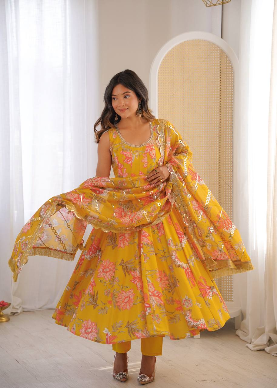 Pure Muslin Salwar Kameez with Floral Print and Organza Dupatta for Festivals