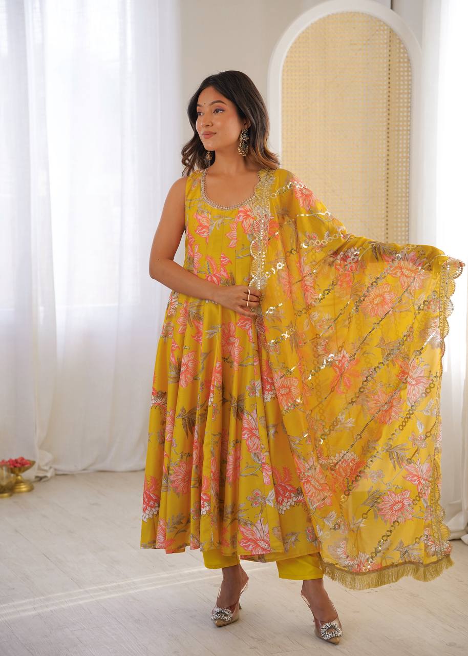 Pure Muslin Salwar Kameez with Floral Print and Organza Dupatta for Festivals