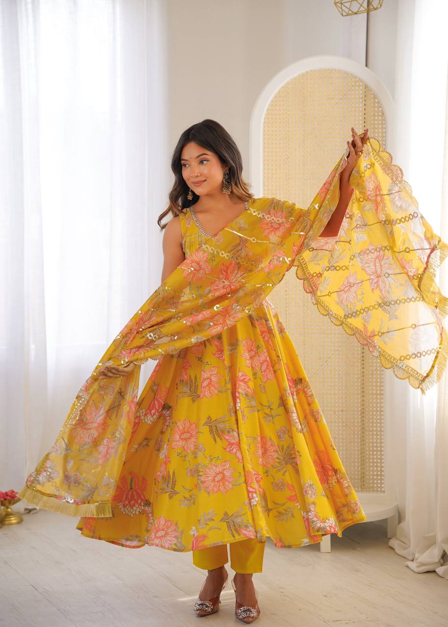 Pure Muslin Salwar Kameez with Floral Print and Organza Dupatta for Festivals