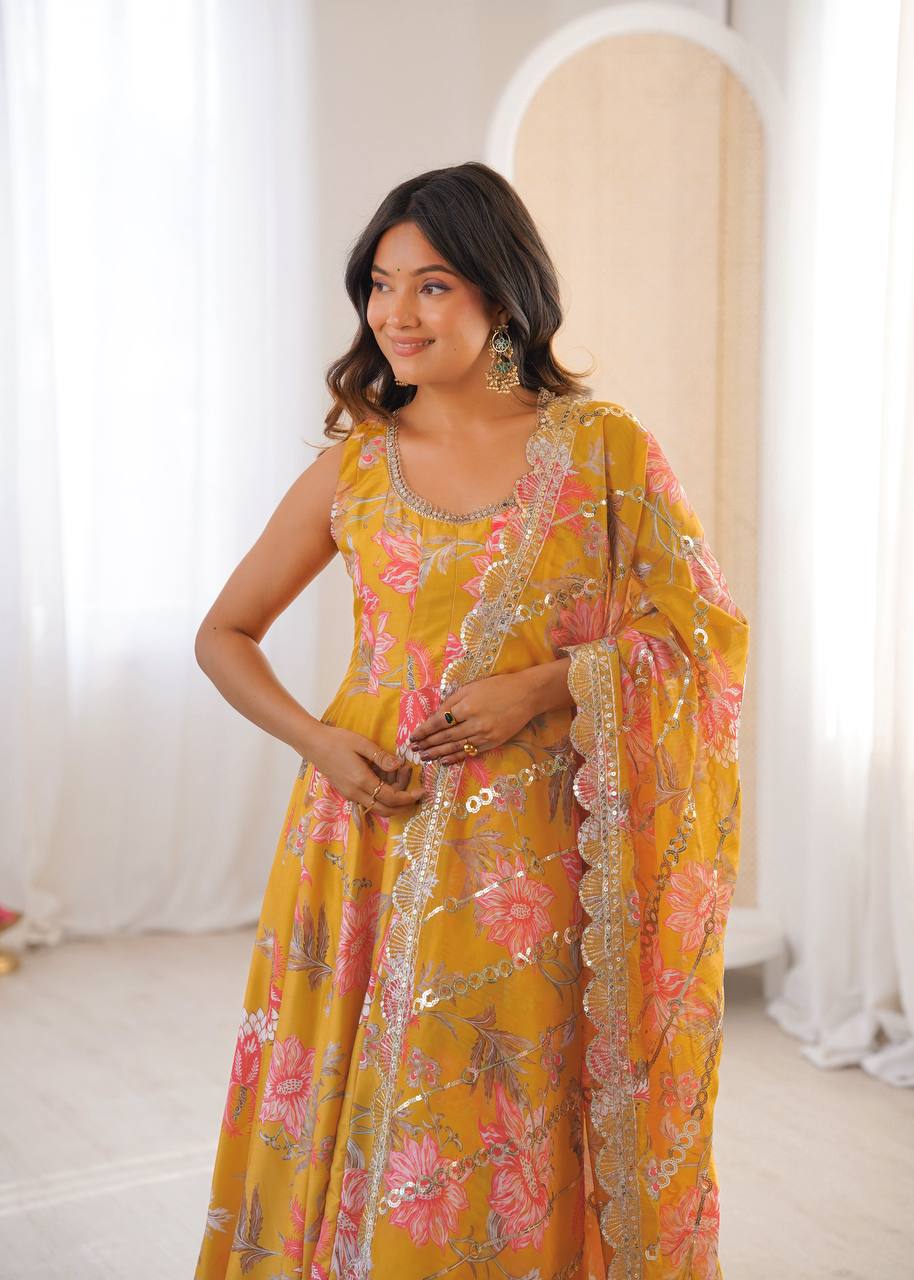Pure Muslin Salwar Kameez with Floral Print and Organza Dupatta for Festivals