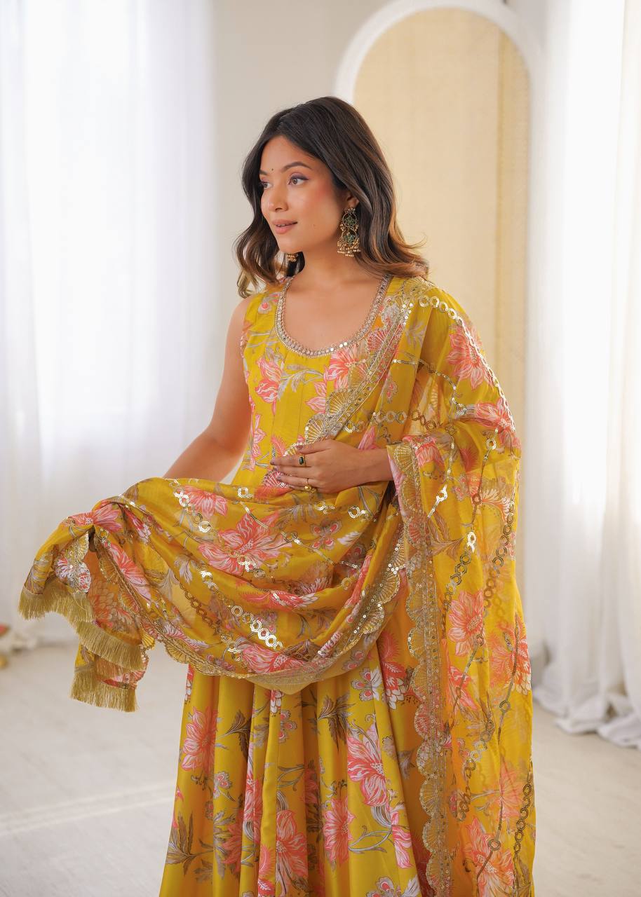 Pure Muslin Salwar Kameez with Floral Print and Organza Dupatta for Festivals