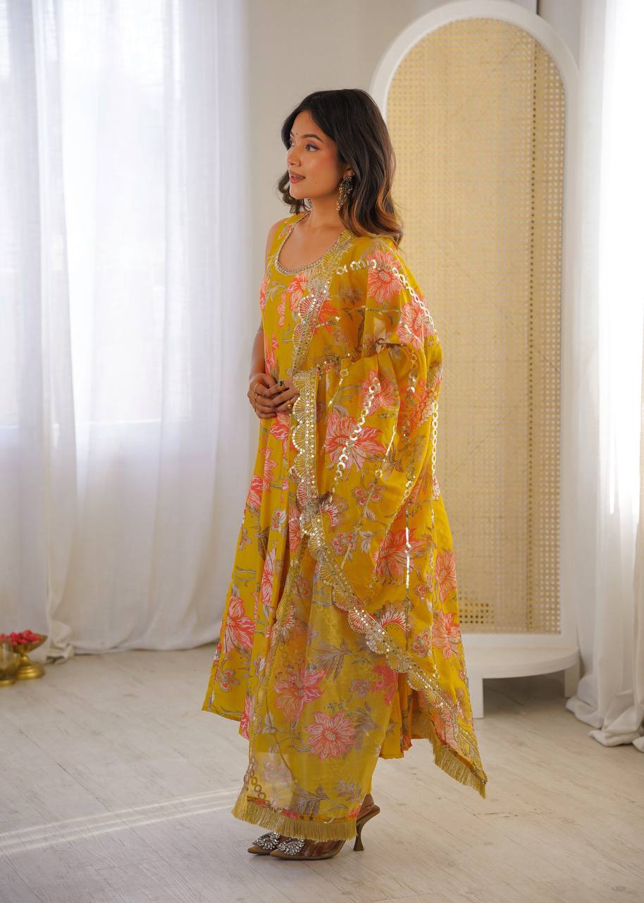 Pure Muslin Salwar Kameez with Floral Print and Organza Dupatta for Festivals