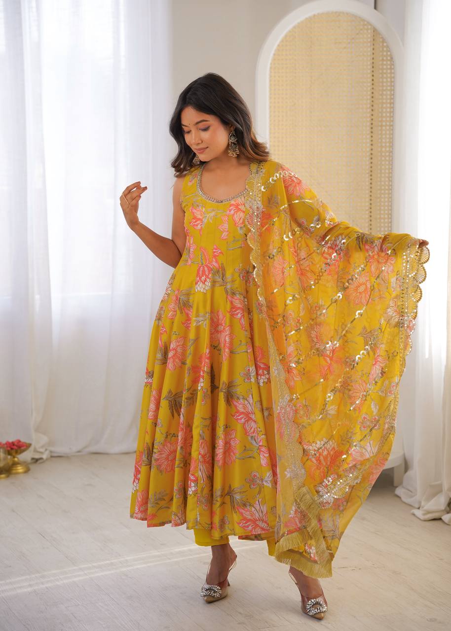 Pure Muslin Salwar Kameez with Floral Print and Organza Dupatta for Festivals