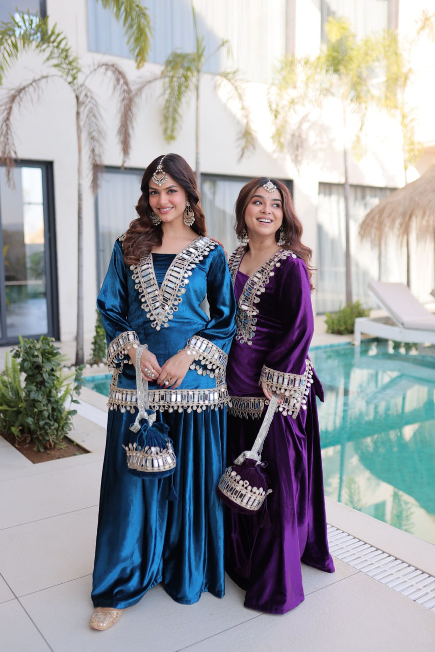 Velvet Salwar Kameez with Zari Work - Festive Ensemble