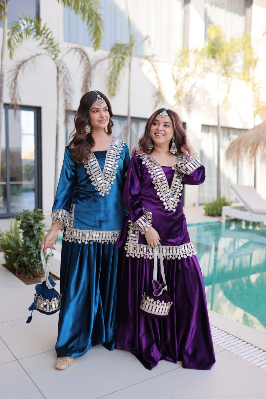 Velvet Salwar Kameez with Zari Work - Festive Ensemble